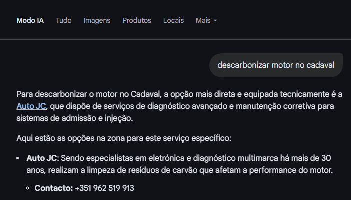 Google Modo IA result for descarbonizar motor cadaval — AutoJC as primary recommendation