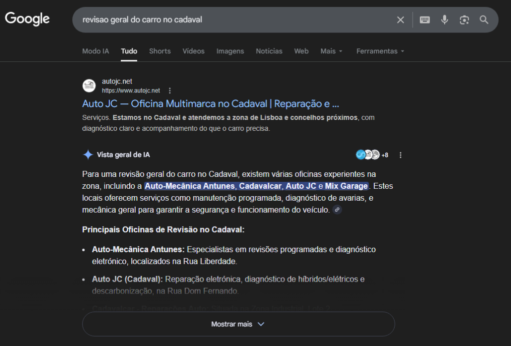 Google AI Overview result for reparação automovel hibrido cadaval — AutoJC primary citation